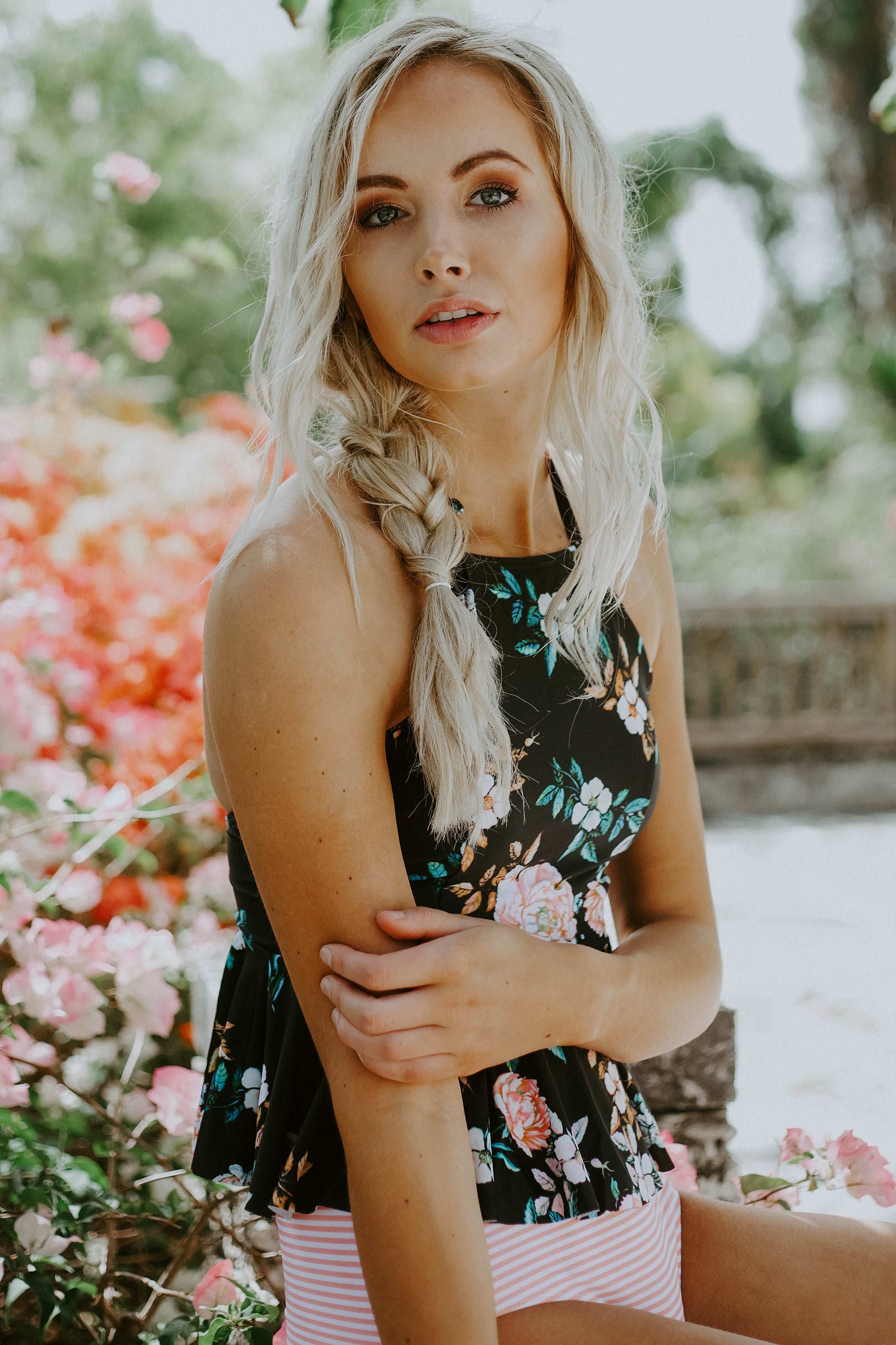 High Neck Peplum Halter Top - Black Retro Floral - FINAL