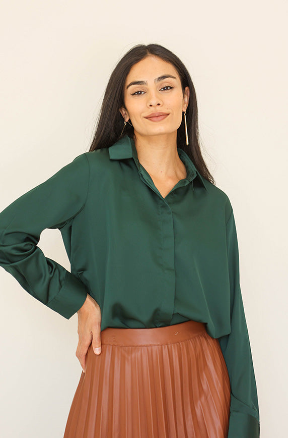 slim fit dress slacks Stanbury Hunter Green Satin Blouse - FINAL SALE
