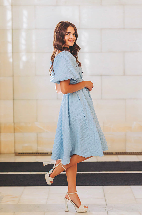 slim fit dress slacks Brynn Crystal Blue Texture Dress - DM exclusive - Maternity Friendly