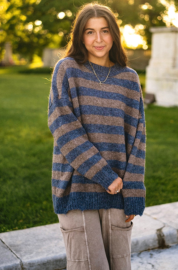 ★23SS★【WOOALONG】★Stripe over fit knit half sleev.e★ FOMOYUU Women Oversized Striped Sweater Color Block Knit