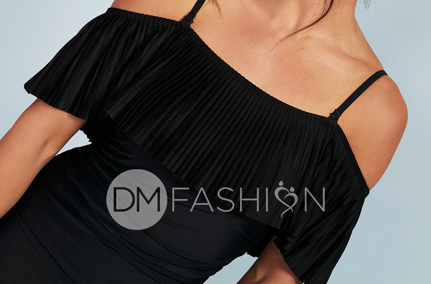 Off The Shoulder Black Pleated Ruched One Piece - FINAL SALE - FINAL FEW