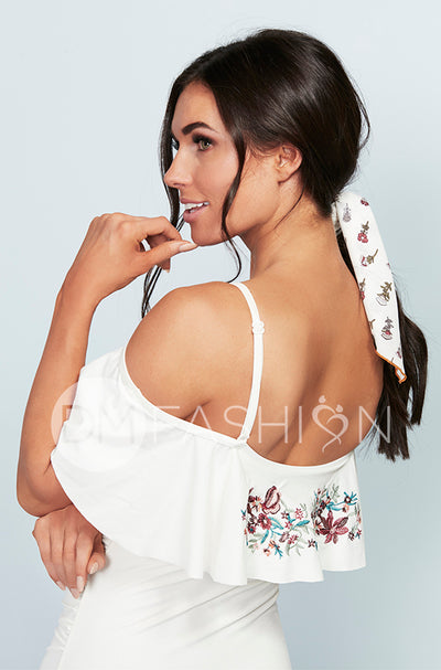 Off The Shoulder Ruffle Ruched One Piece - Cream Embroidery Floral - FINAL SALE - FINAL FEW
