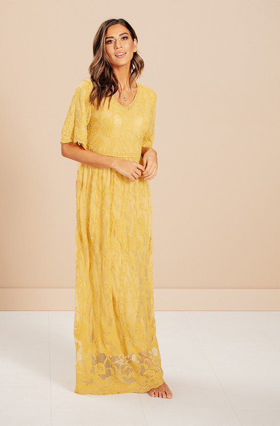 Aspen Sunset Gold Lace Dress - DM Exclusive - Maternity Friendly - FINAL SALE M Aspen Sunset Gold Lace Dress - DM Exclusive - Maternity Friendly - FINAL SALE M