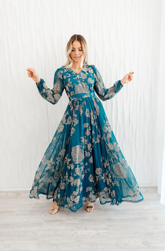 Adoria Teal Floral Velvet Maxi - DM Exclusive- Restocked - Maternity Friendly