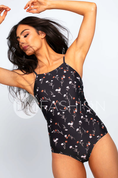 High Neck Square Back One Piece - Midnight Blossoms