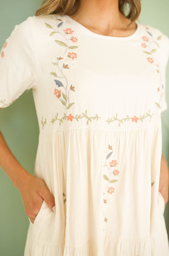 Millie Embroidered Cream Dress - Maternity Friendly