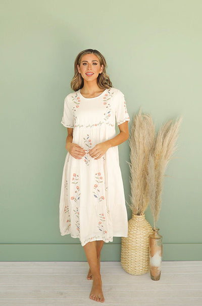 Millie Embroidered Cream Dress - Maternity Friendly