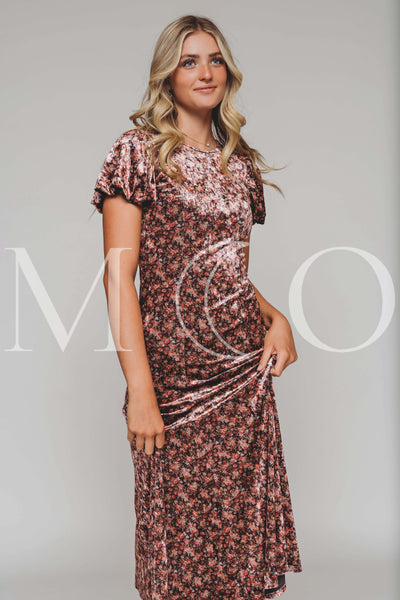 Jenna Coral Floral Velvet Dress - MCO