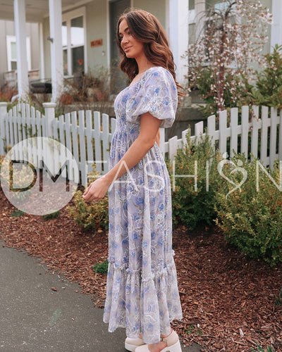 Annalise Cobalt Embroidered Floral Dress - DM Exclusive - Maternity Friendly