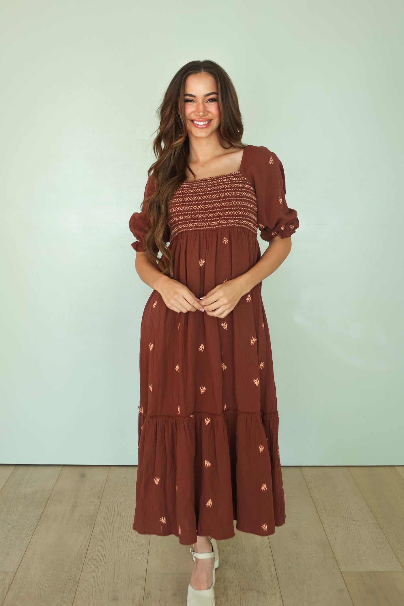 Dalia Brown Flower Embroidered Dress - FINAL SALE