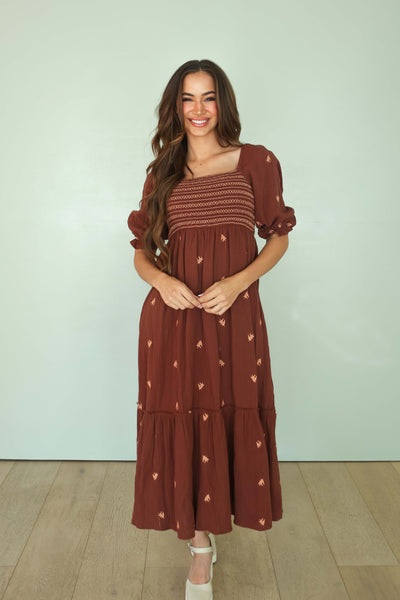 Dalia Brown Flower Embroidered Dress - FINAL SALE