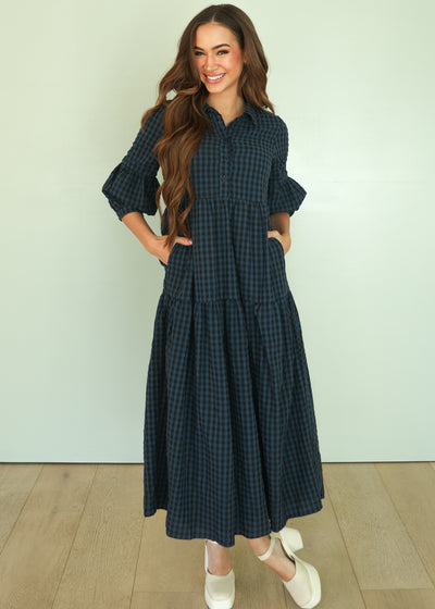 Ajara Blue Plaid Button Dress - FINAL FEW - FINAL SALE