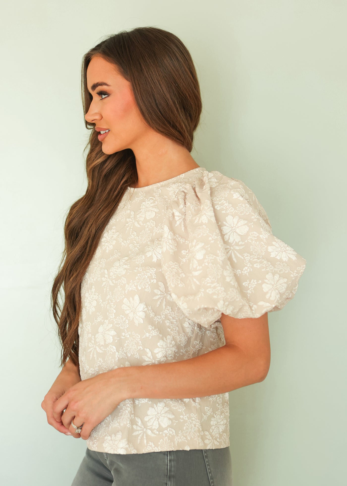 Hailey Latte Jacquard Floral Top