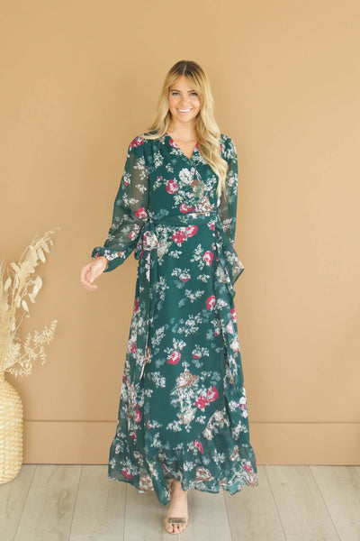 Melanee Pine Floral Wrap Dress - DM Exclusive - Maternity Friendly - Nursing Friendly - Restocked