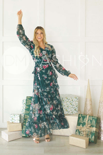 Melanee Pine Floral Wrap Dress - DM Exclusive - Maternity Friendly - Nursing Friendly - Restocked