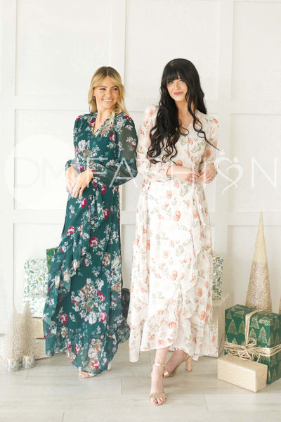Melanee Pine Floral Wrap Dress - DM Exclusive - Maternity Friendly - Nursing Friendly - Restocked