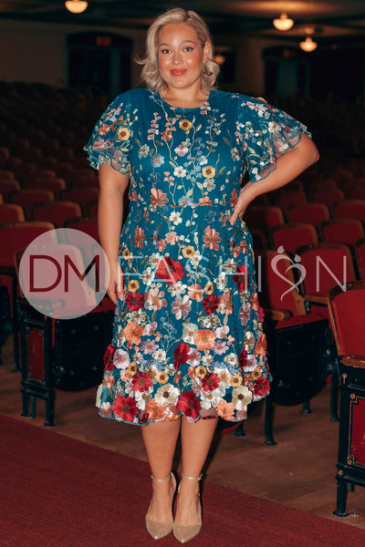 Lillian Duchess Teal Floral Dress - DM Exclusive