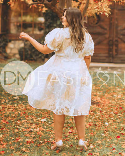 Ellis Jacquard White/Gold Velvet Dress - DM Exclusive - Maternity Friendly