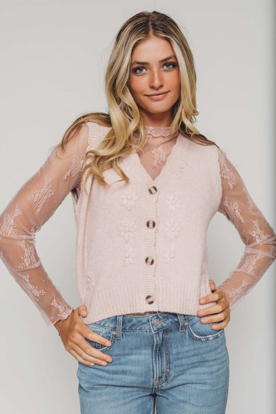 Pink Flower Cardigan Sweater Vest