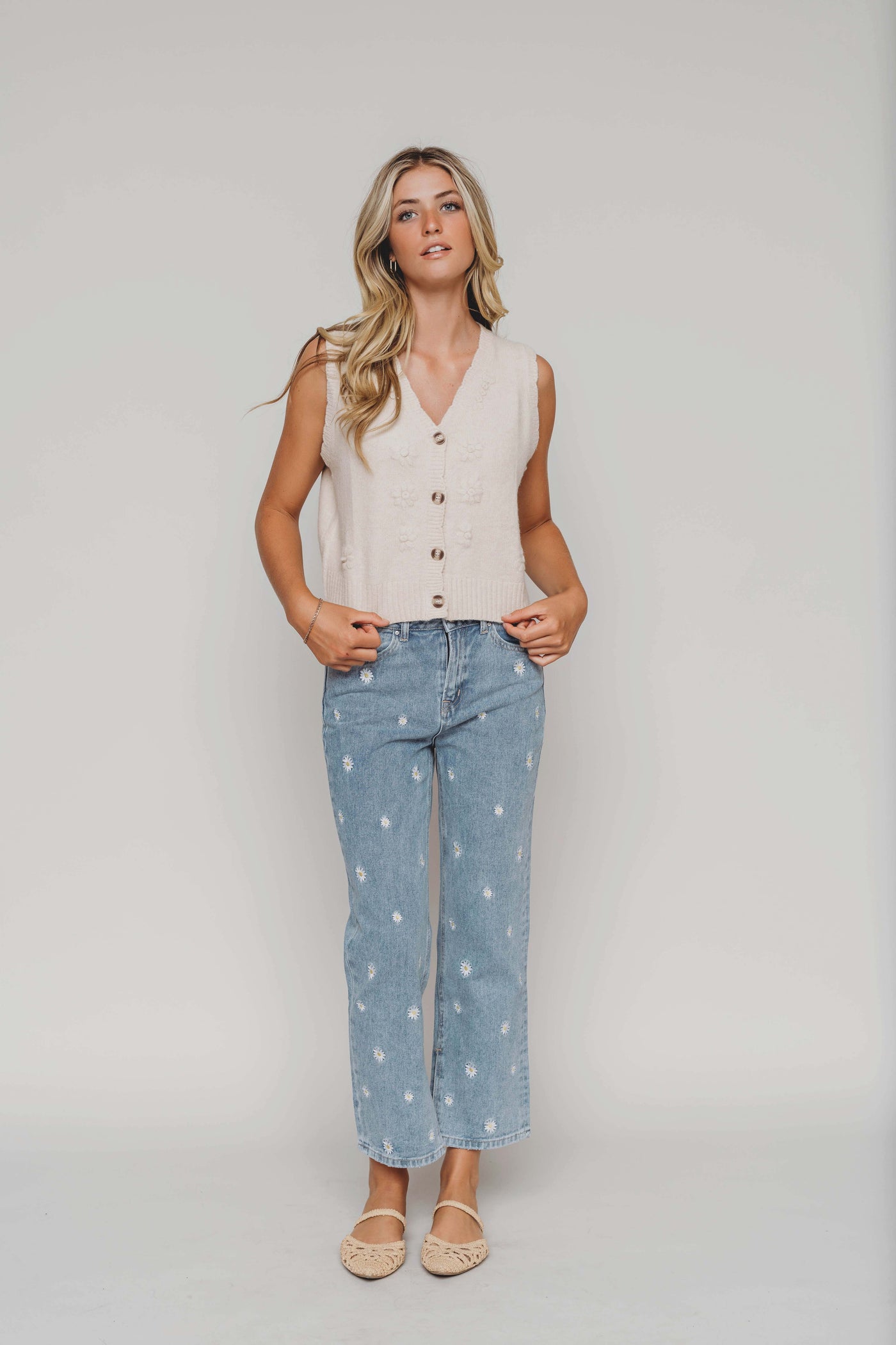 Cream Flower Cardigan Vest
