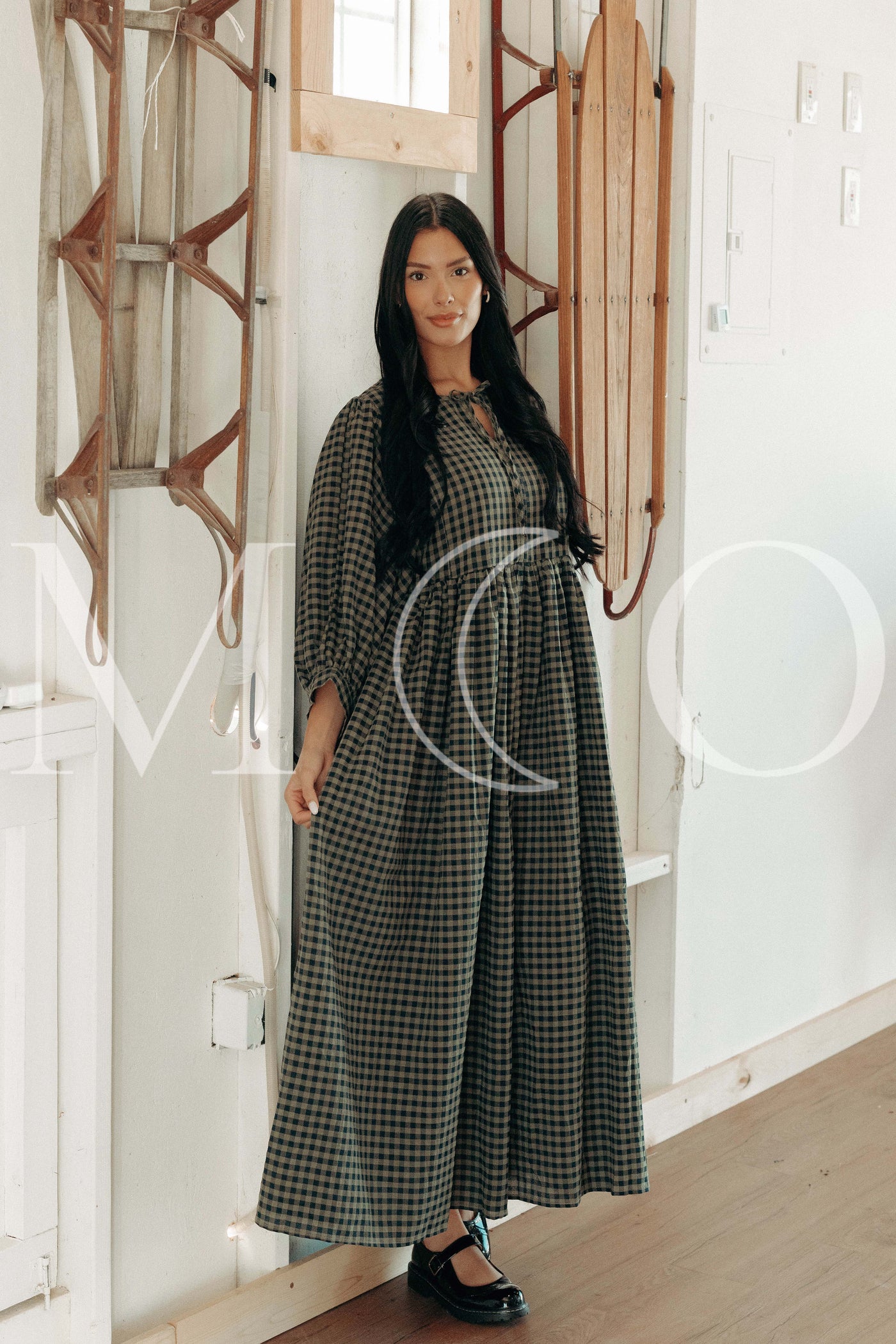 Alexa Olive Gingham Dress - MCO - Maternity Friendly