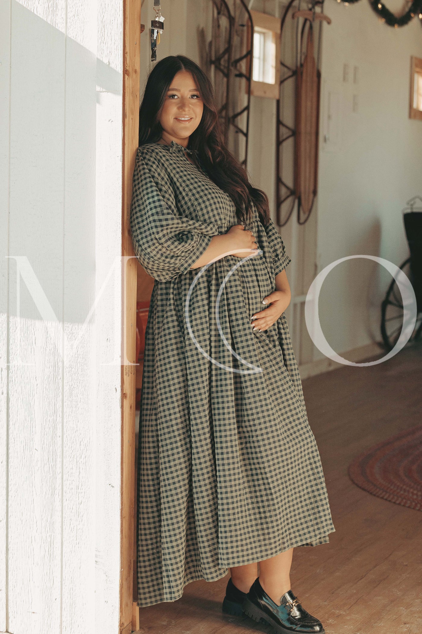 Alexa Olive Gingham Dress - MCO - Maternity Friendly