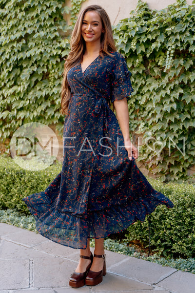 Halie Navy Floral Wrap Dress - DM Exclusive - Maternity Friendly