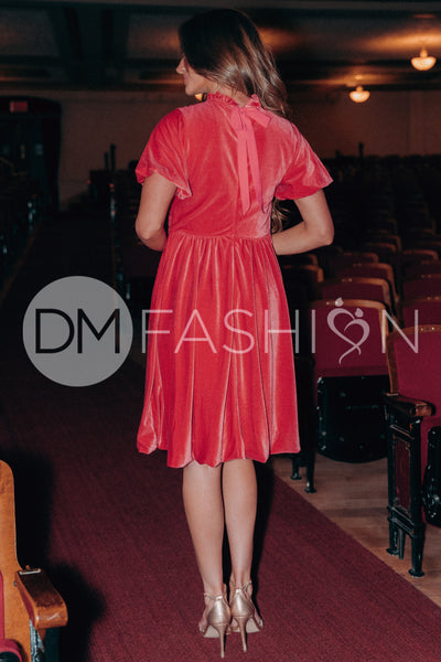 Emery Spiced Coral Velvet Party Dress- DM Exclusive - Maternity Friendly