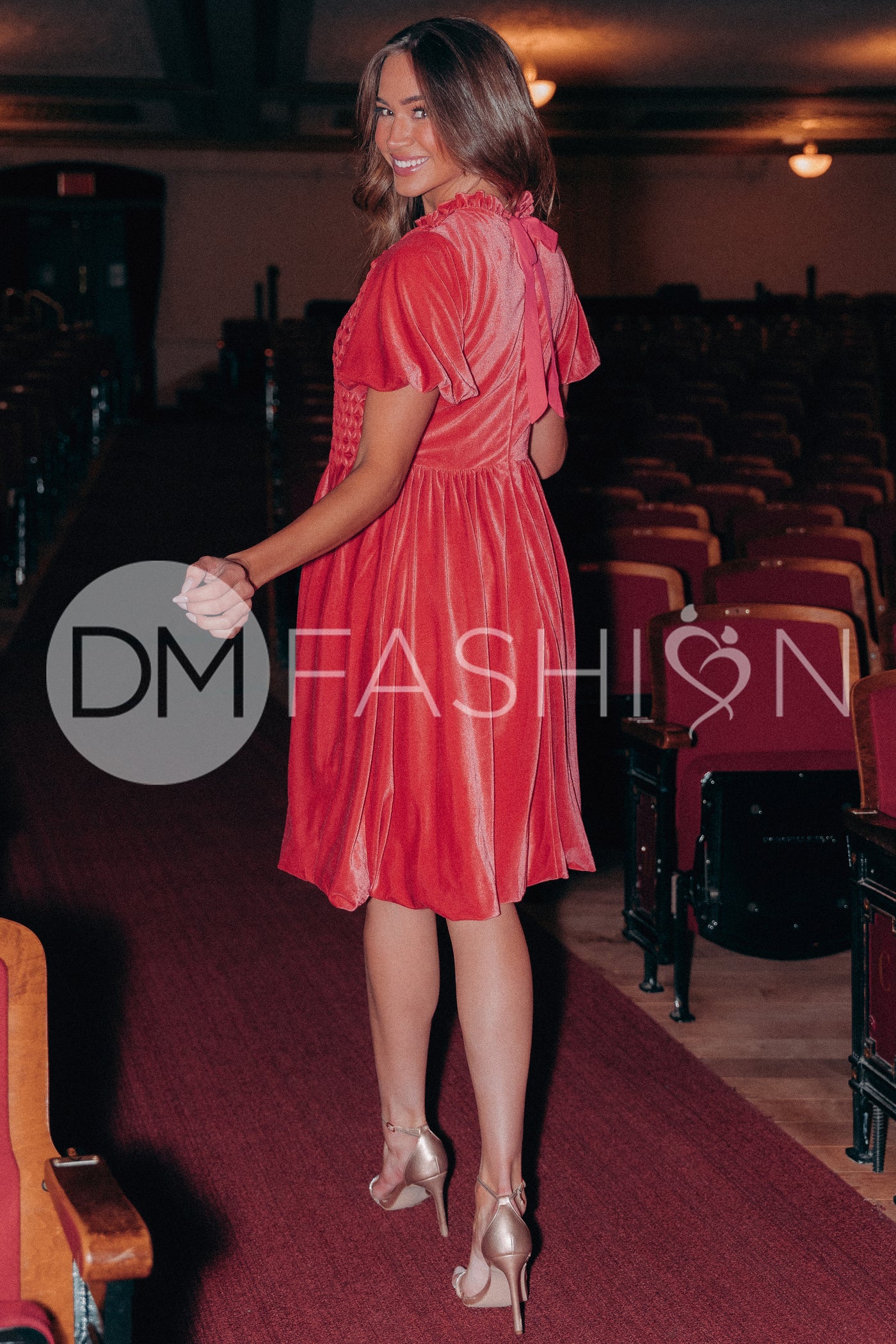 Emery Spiced Coral Velvet Party Dress- DM Exclusive - Maternity Friendly