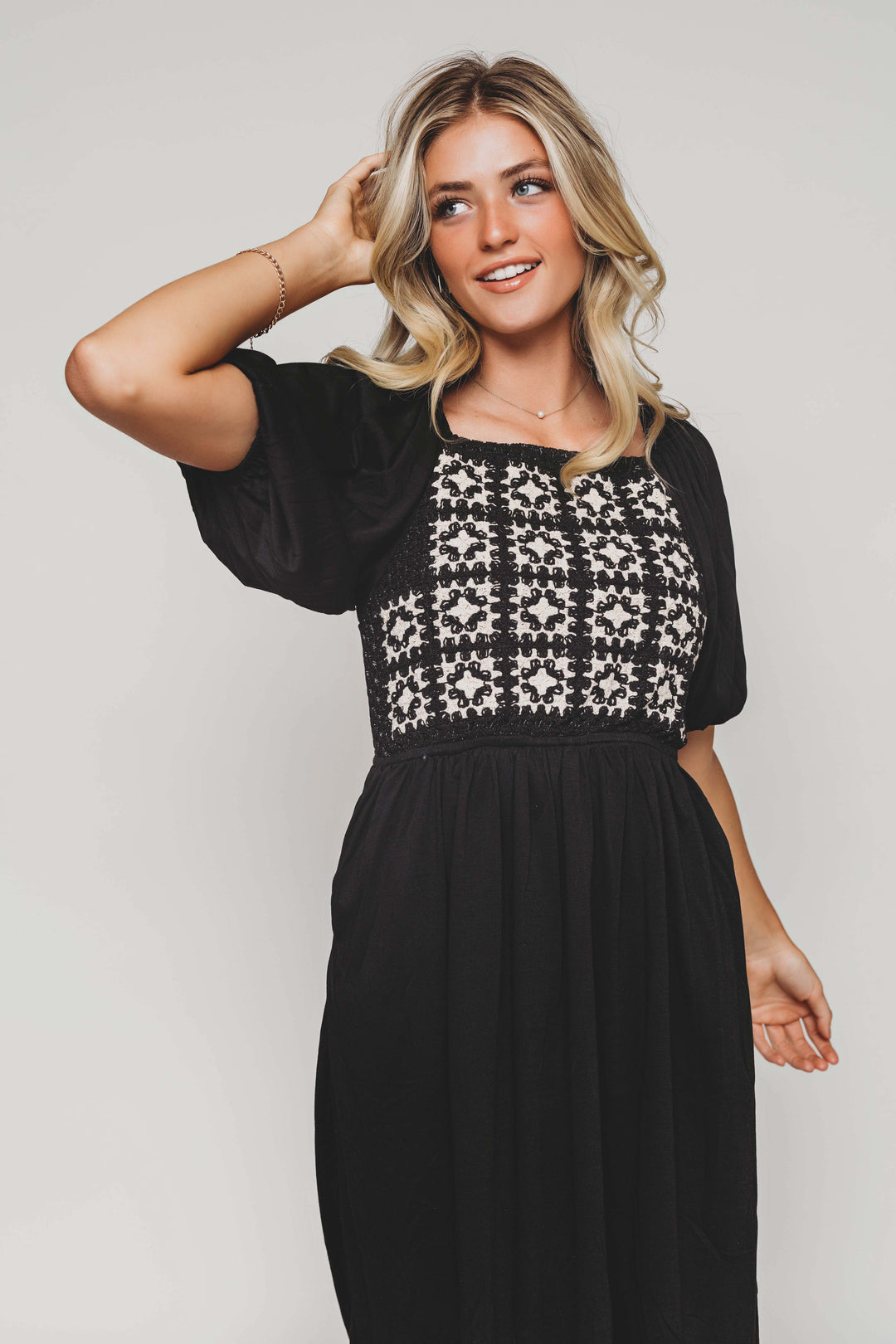 knee length dresses for ladies Norah Black Crochet Midi Dress