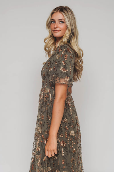 Angela Olive Floral Embroidered Dress