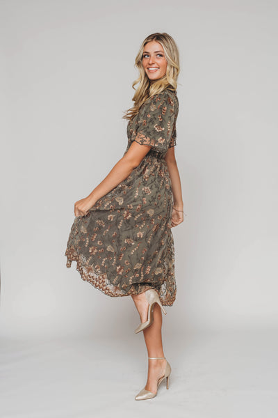 Angela Olive Floral Embroidered Dress