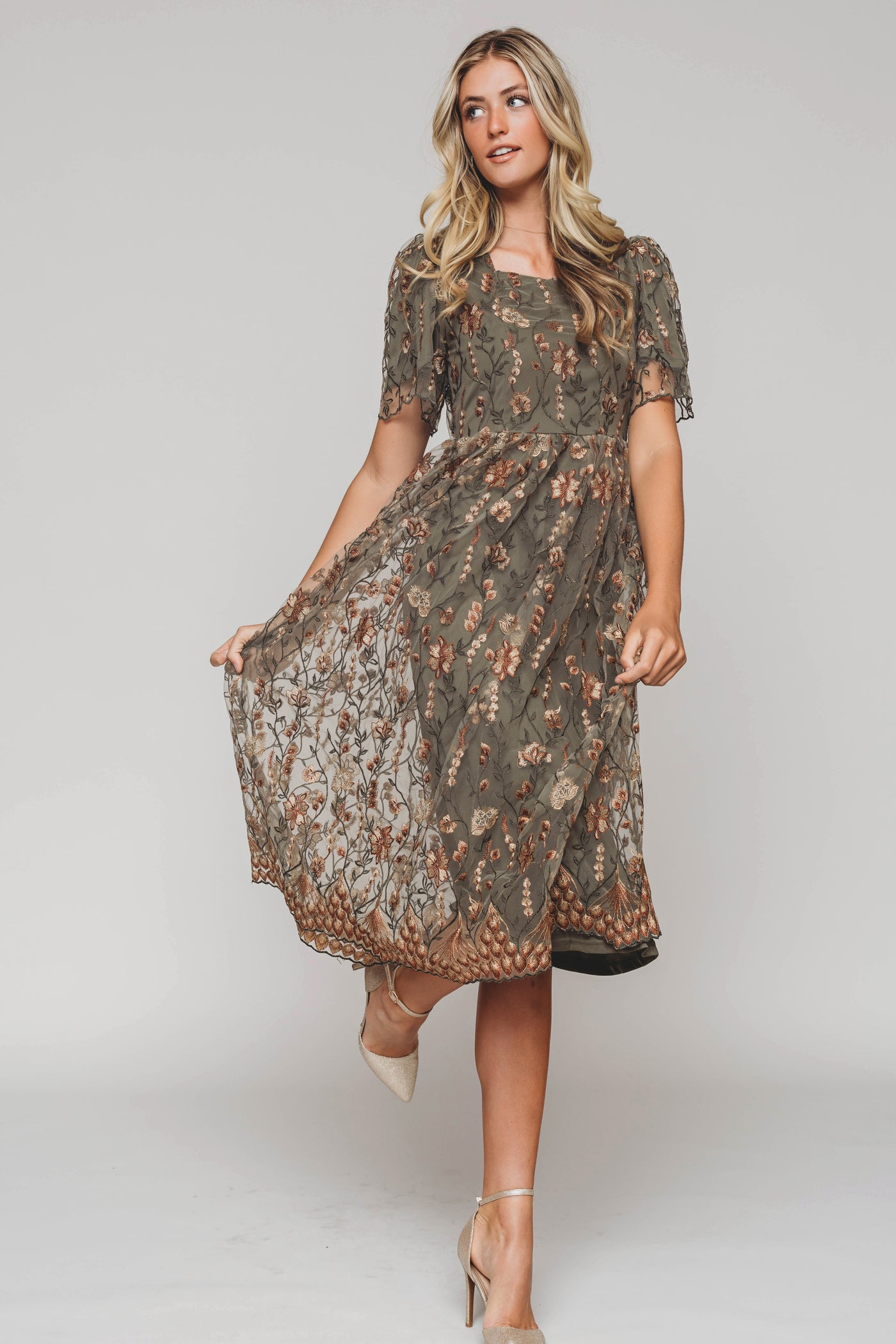 Angela Olive Floral Embroidered Dress
