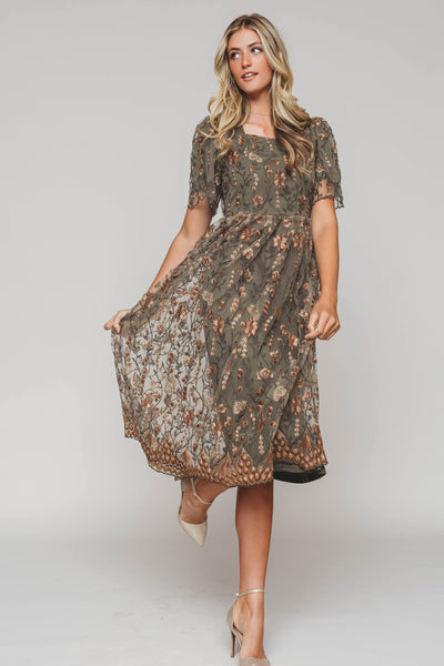 Angela Olive Floral Embroidered Dress