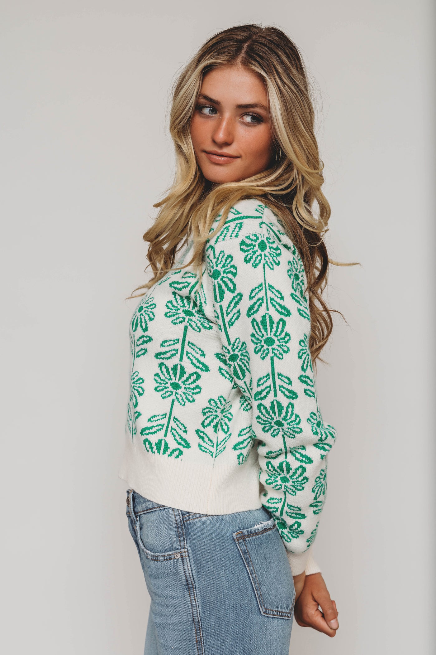 Billie Kelly Green Flower Sweater