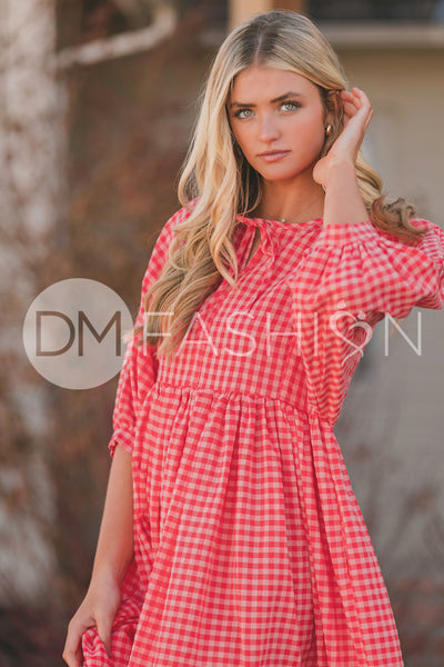 Alexa Coral Gingham Dress - MCO - Maternity Friendly