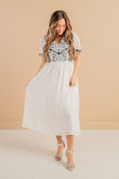 Evangeline Navy Embroidered Midi Dress DM Fashion Evangeline Navy Embroidered Midi Dress DM Fashion