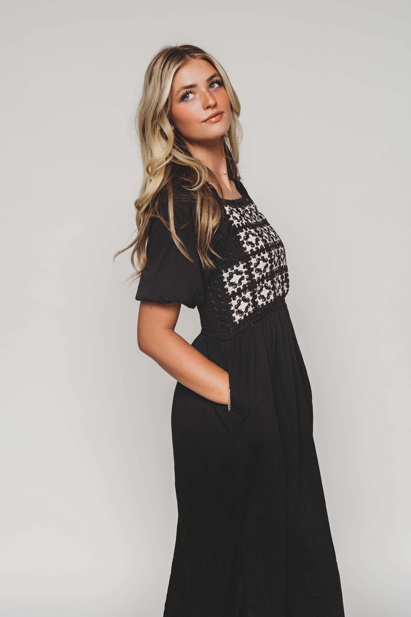 Norah Black Crochet Midi Dress