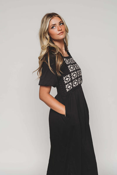 Norah Black Crochet Midi Dress