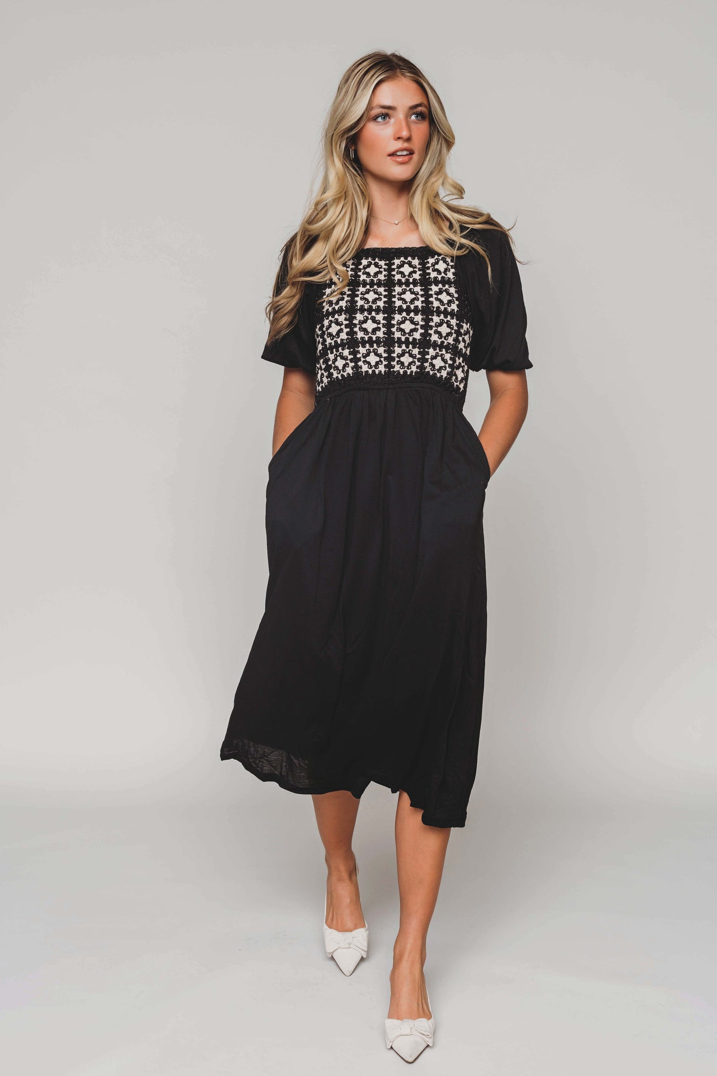 Norah Black Crochet Midi Dress