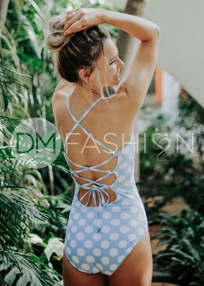 Lace Up One Piece - Maui Blue Dots - FINAL SALE - FINAL FEW