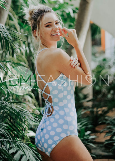 Lace Up One Piece - Maui Blue Dots - FINAL SALE - FINAL FEW