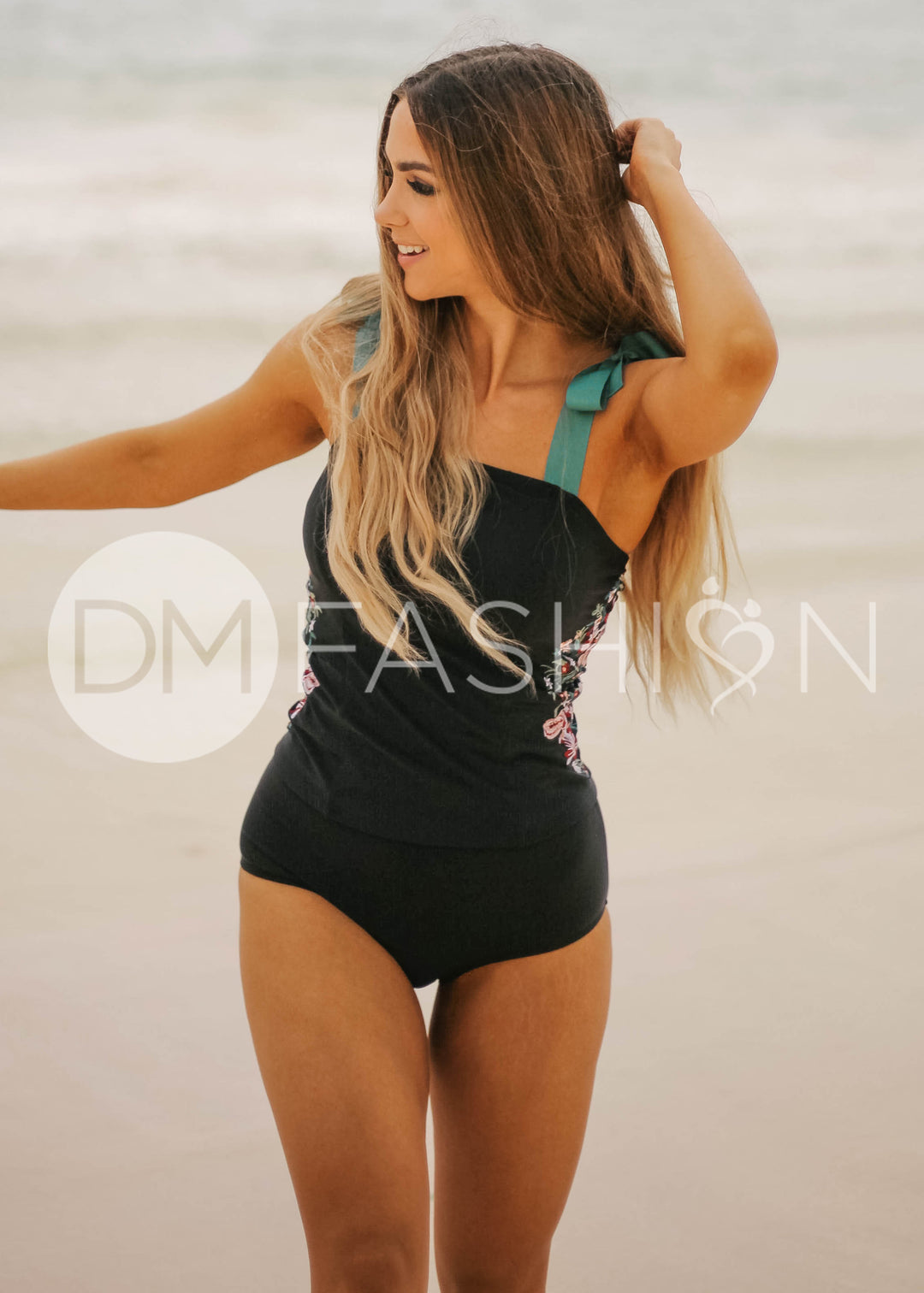 Panel Square Neck Tankini Top - Black Embroidery - FINAL