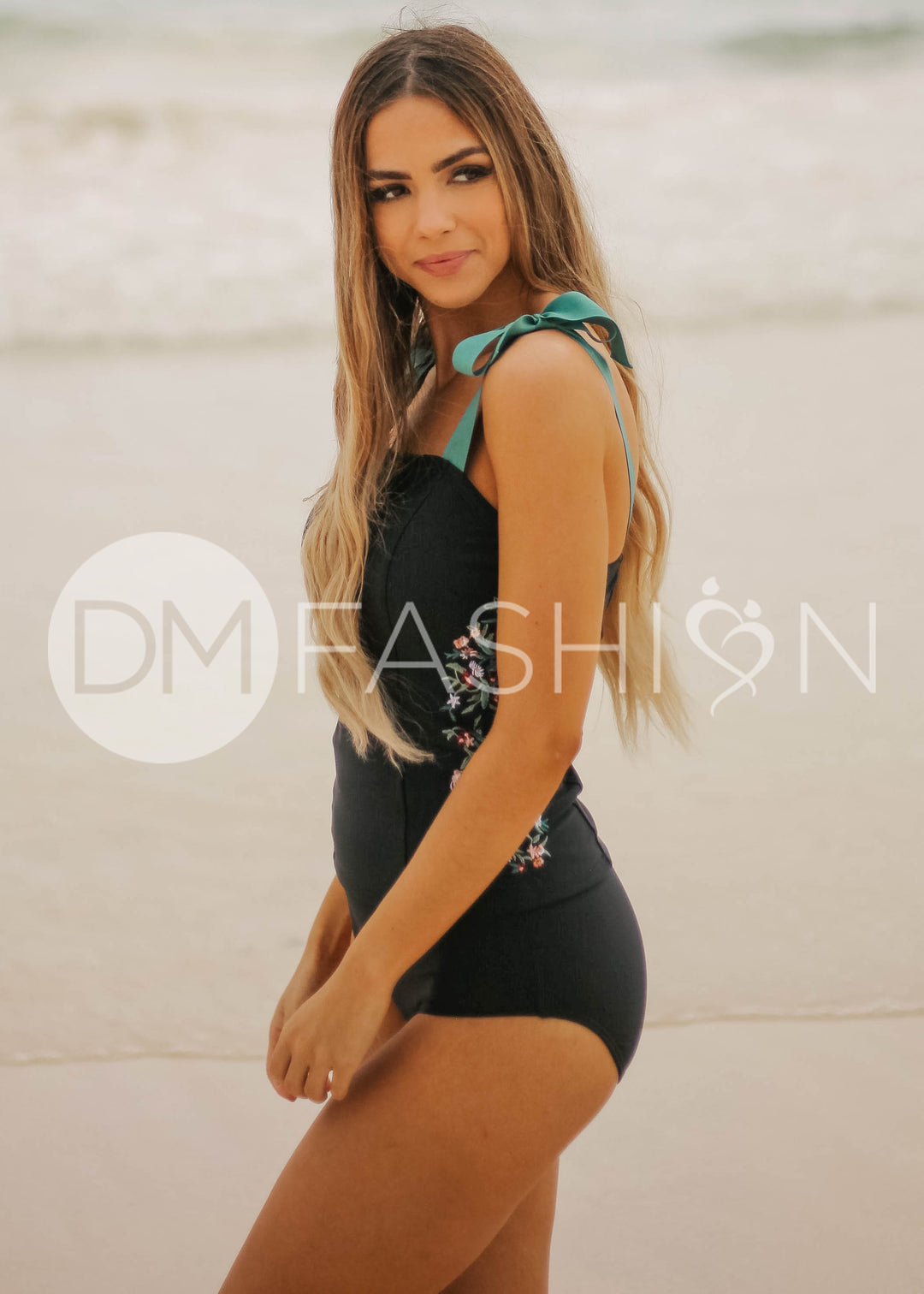 Panel Square Neck Tankini Top - Black Embroidery - FINAL