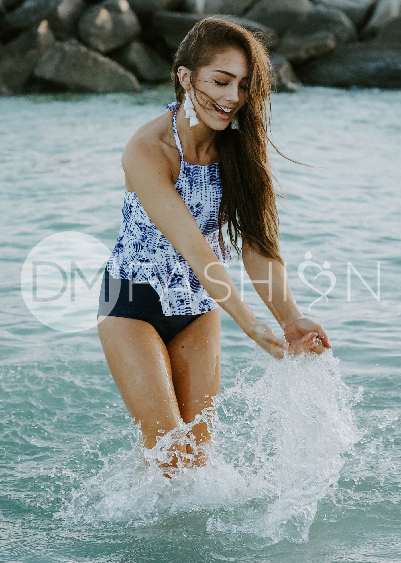 High Neck Peplum Halter Top - Navy Tie Dye - FINAL SALE