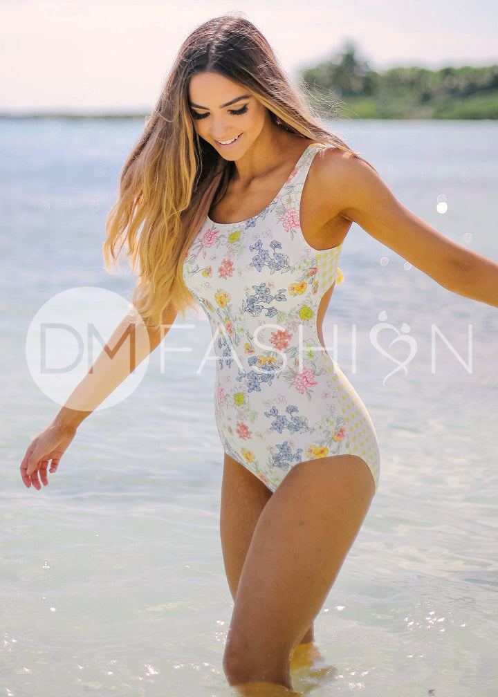 Scoop Neck Back Tie One Piece - Victorian Garden Gingham
