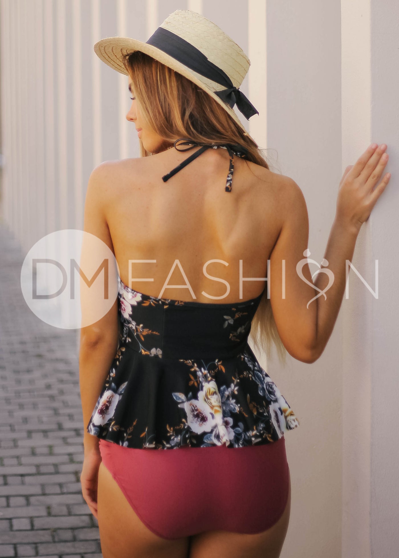 High Neck Peplum Halter Top - Black Orchard - FINAL SALE