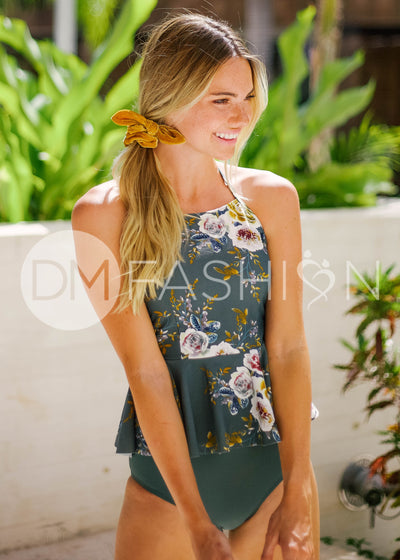 High Neck Peplum Halter Top - Jasper Green Orchard - FINAL SALE