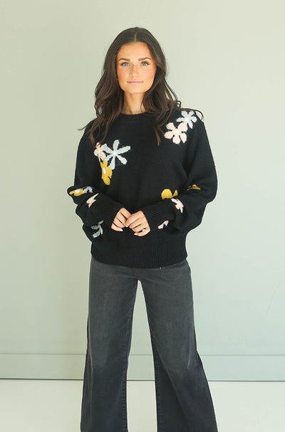 Floral Dreams Black Crew Neck Sweater