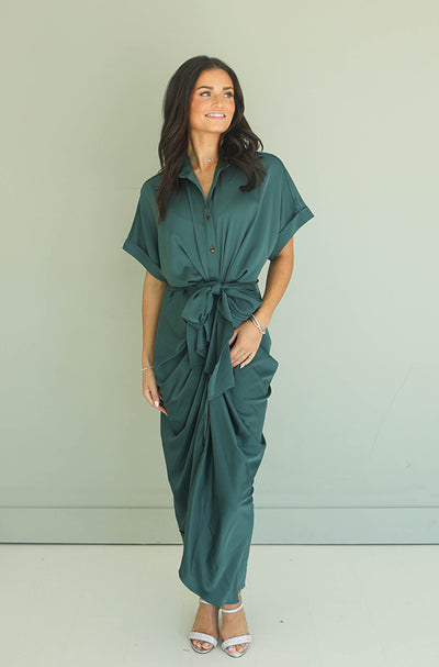 Carmen Evergreen Satin Dress - Nursing Friendly - FINAL FEW